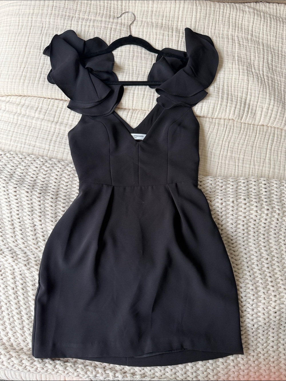 Amanda Uprichard Black Ruffle-Shoulder Mini Dress